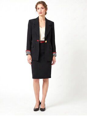 Rickie Freeman Teri Jon Vintage 90s Black Blazer Red Trim Gold Button | M
